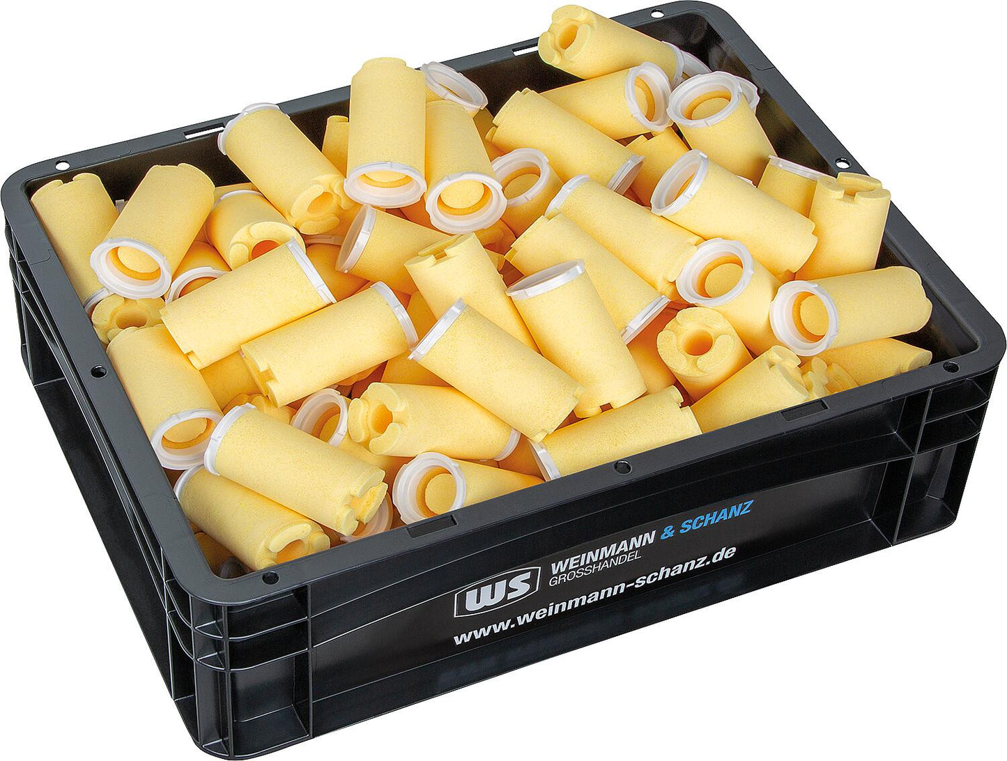 Vorteilspaket 100x Ölfiltereinsatz mit Sinterkunststoffeinsatz 50 µm Rundform - gelb + gratis WS BOX