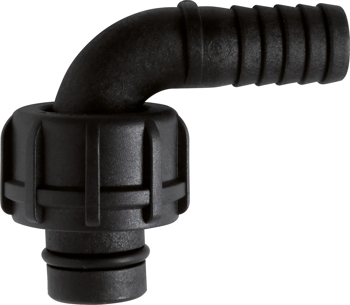 Bent hose connector, male thread, 1" plastic