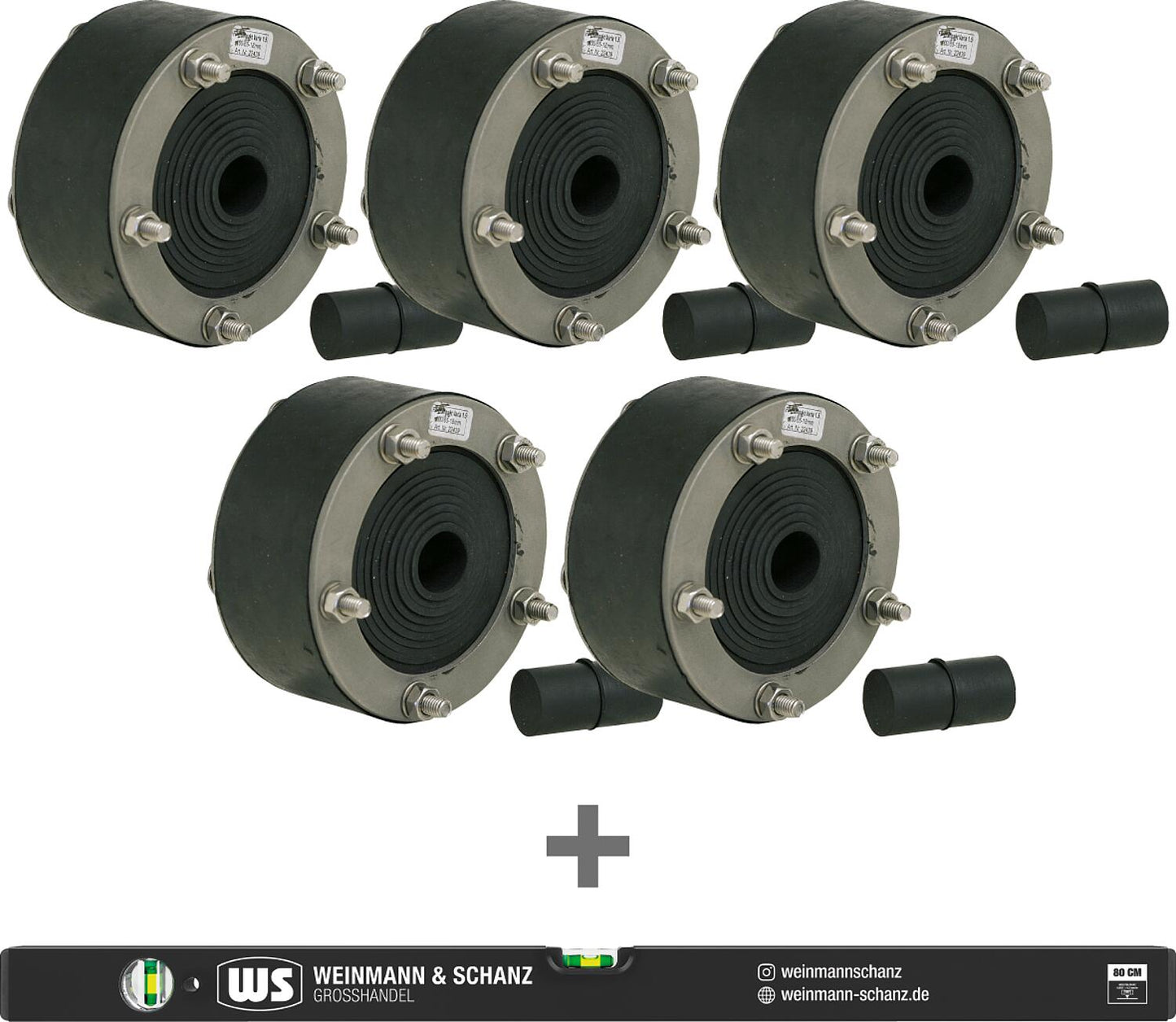 5x wall penetrations, external 99 mm, internal 18-65 mm + 1x free WS aluminum spirit level, measuring length 80 cm