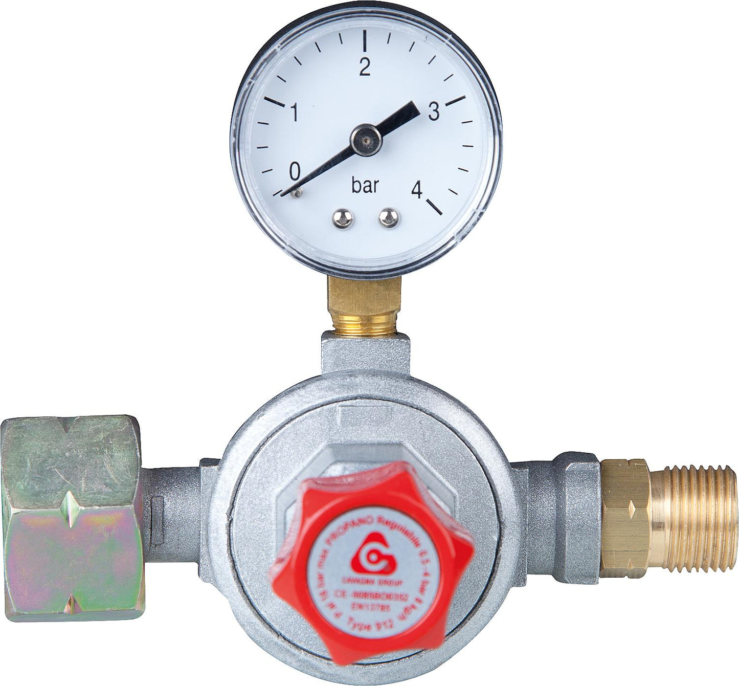 Adjustable pressure regulator from 0.5-4 bar, with manometer for 5/11/33 kg cylinders