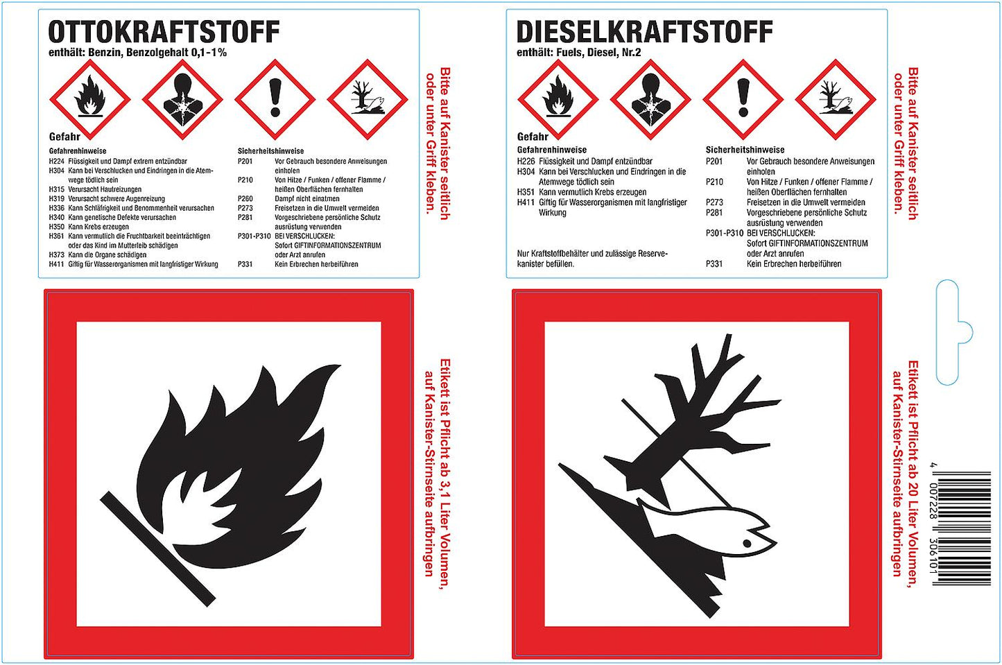 Haftetikette für Otto-/Dieselkraftstoff 25x4er Bogen
