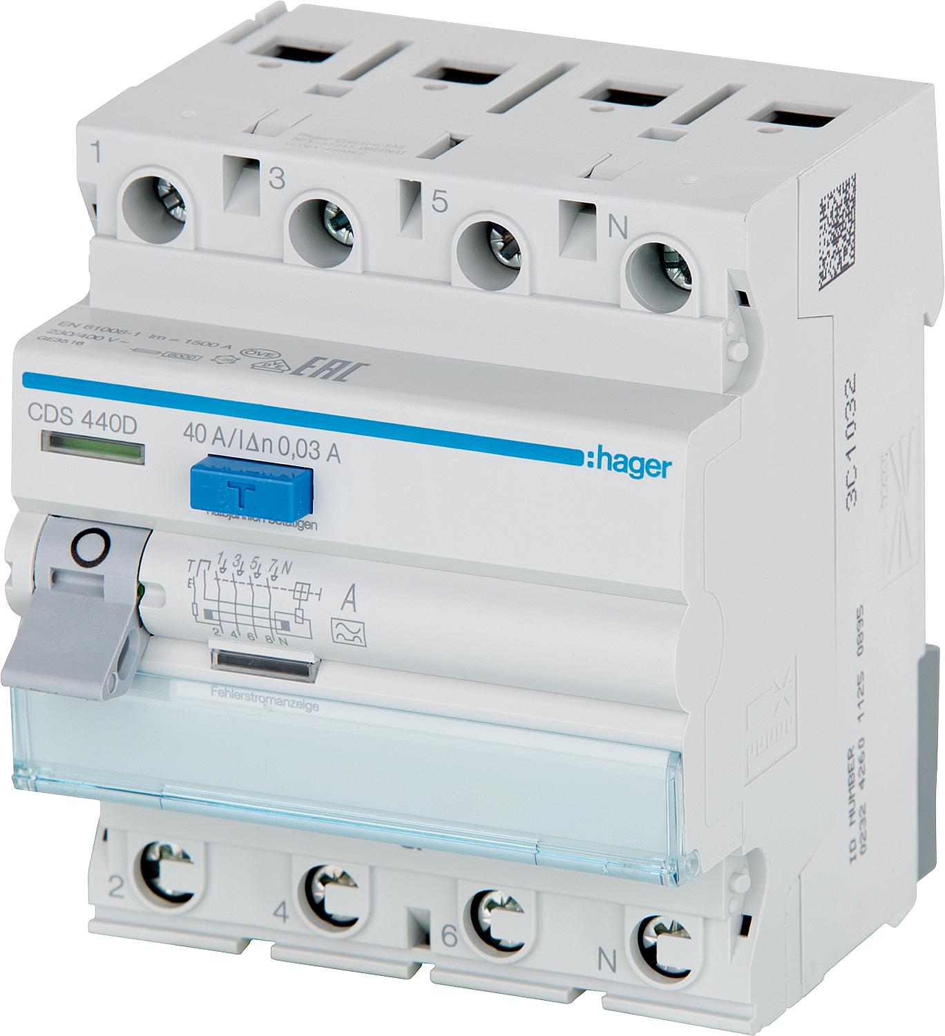 Disjoncteur différentiel Hager, 63 A 30 mA, 4 pôles, CDS463D