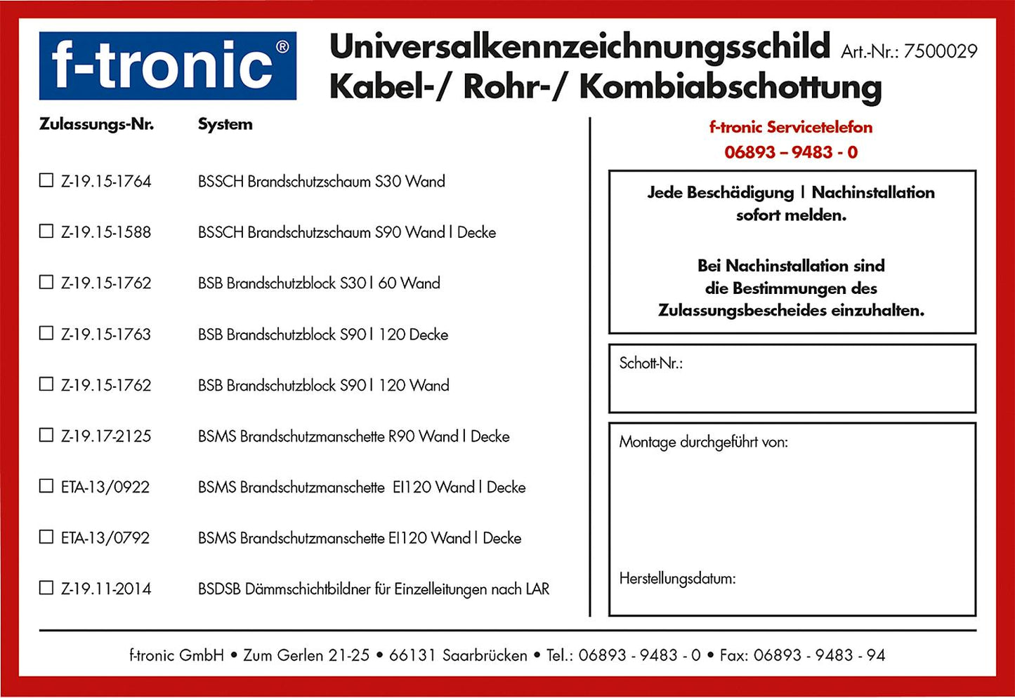 Universal identification plate BSKS F-Tronic
