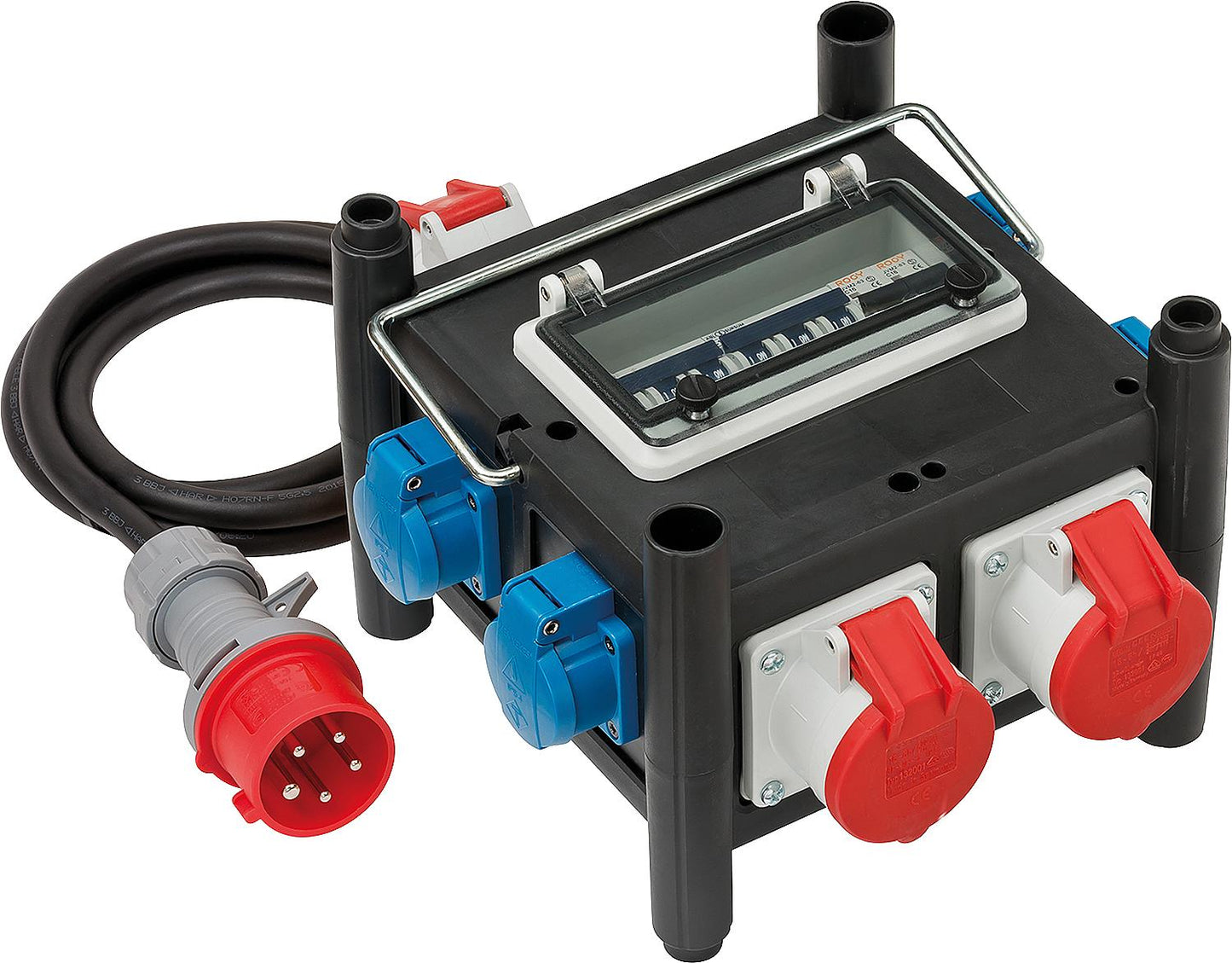 Distributeur d'alimentation compact avec boîtier en TPE, câble H07RN-F5G4.0 de 2 m, 2 prises CEE16A, 1 prise CEE32A, 4 prises 230 V