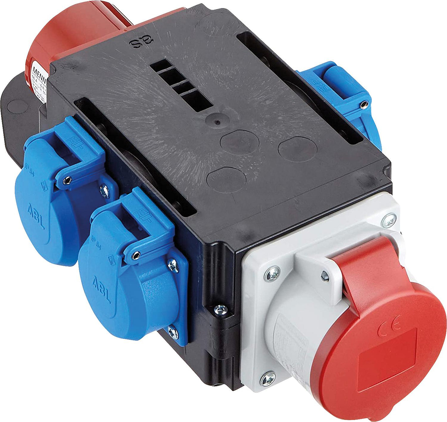 CEE compact distributor with CEE plug and socket, 16A, and 3x Schuko sockets