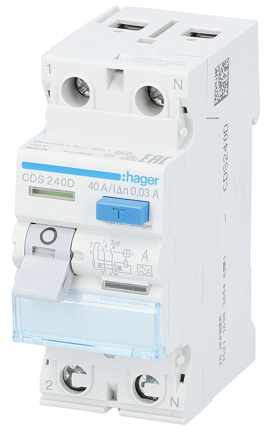 Hager 25A, 30mA, 2p SSK CDS225D residual current circuit breaker
