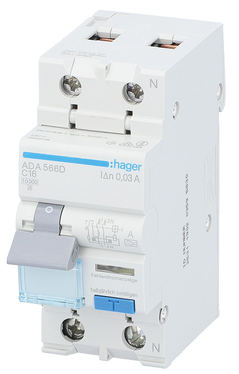 Hager 1p+N residual current circuit breaker (RCCB), type A, B10A, 30mA, 10kA, ADA510D