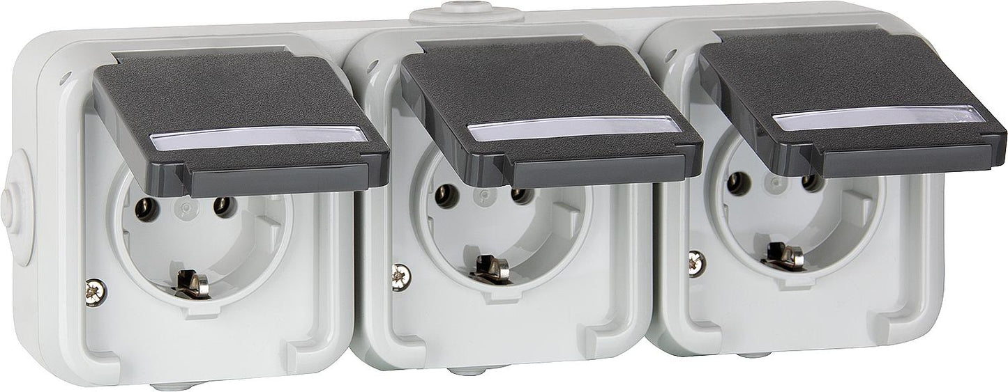 Surface-mounted 3-way socket PEHA IP44, Schuko, horizontal labeling, D 6633 WAB NA