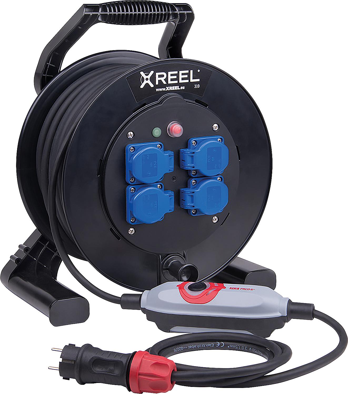PRCD-S+ safety cable reel XREEL 250, 3x Schuko socket, 25m cable, H07RN-F 3G1.5