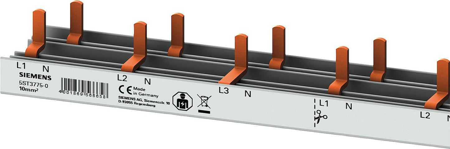 Busbar, 10mm² 3p/N for 6x AFDD + 6x 1p FI/LS Siemens 5ST3675-0 (12TE)