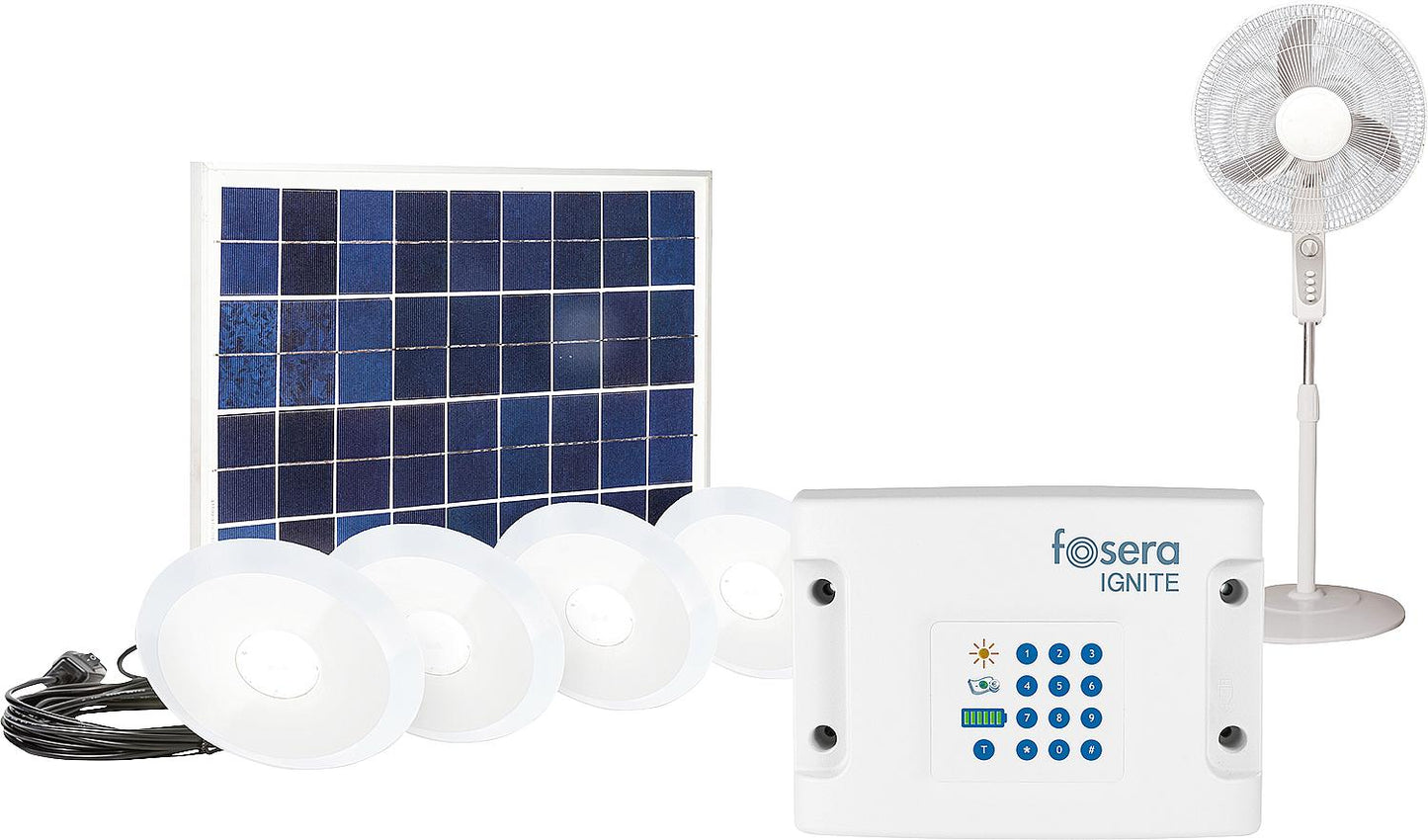 Solar battery lighting set energy storage + 4x IGNITE 150 lamps + pedestal fan