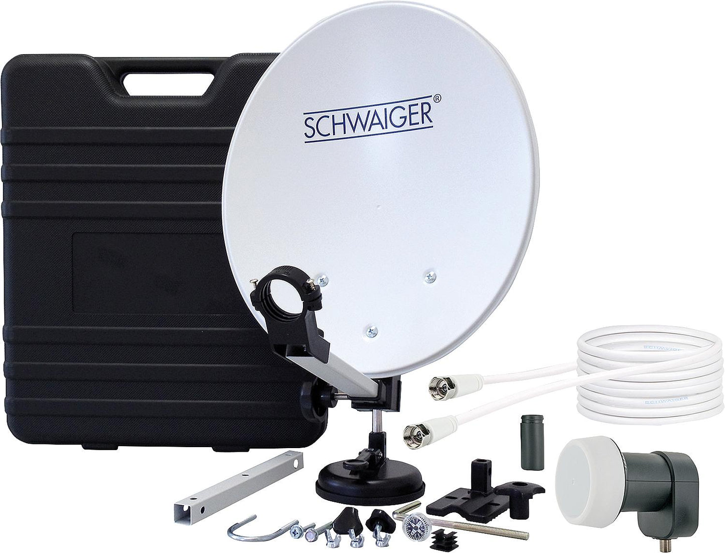Mobile satellite system in a case: 1x steel offset antenna (350mm), 1x digital LNB, 1x 10m satellite cable