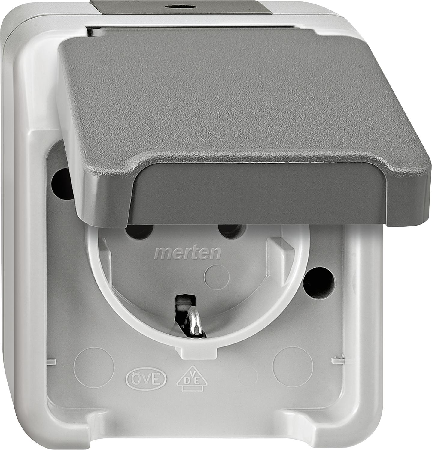 Merten Aquastar Schuko socket, IP44, surface-mounted, light grey, 1 piece