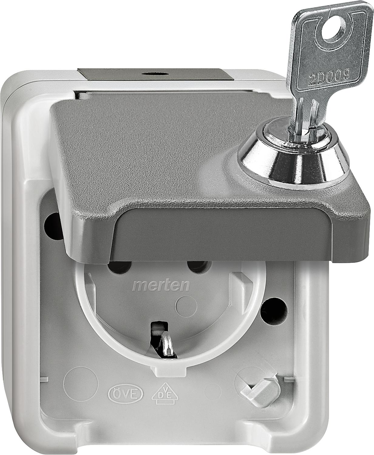 Merten Aquastar Schuko socket, IP44, surface-mounted, light grey, lockable, 1 piece