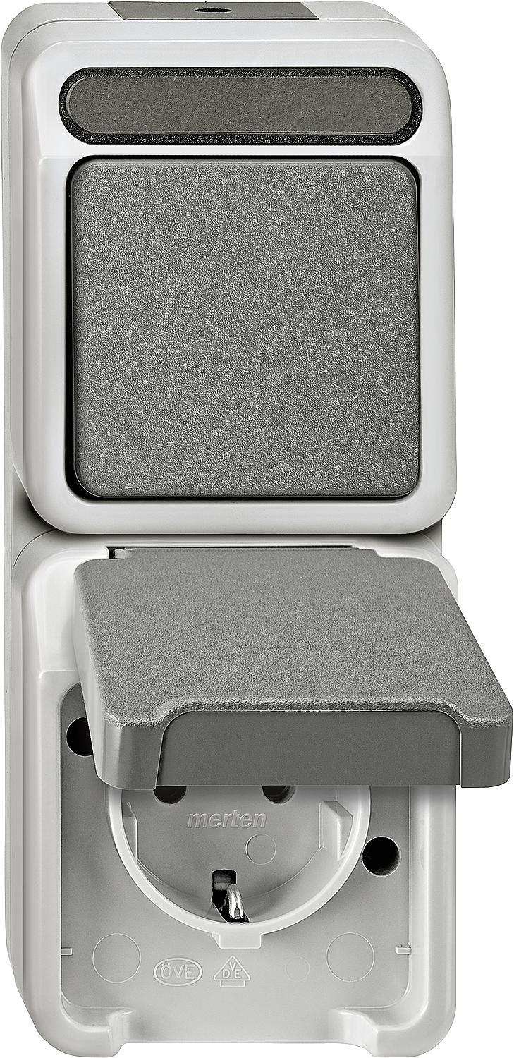 Schuko socket/changeover switch Aquastar Merten, light grey, IP44, surface-mounted, 1 piece