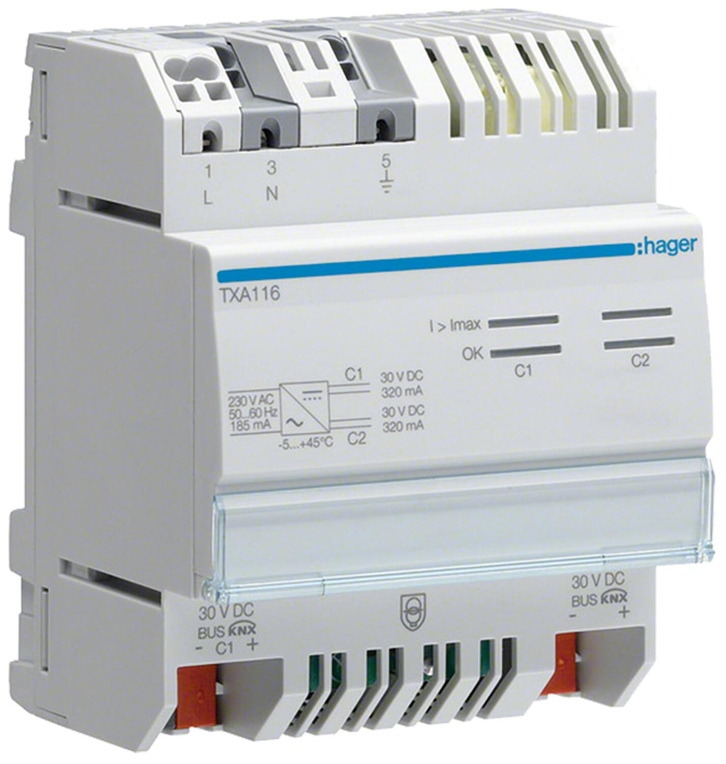 Hager power supply with output and choke 320mA KNX DIN rail mount TXA111