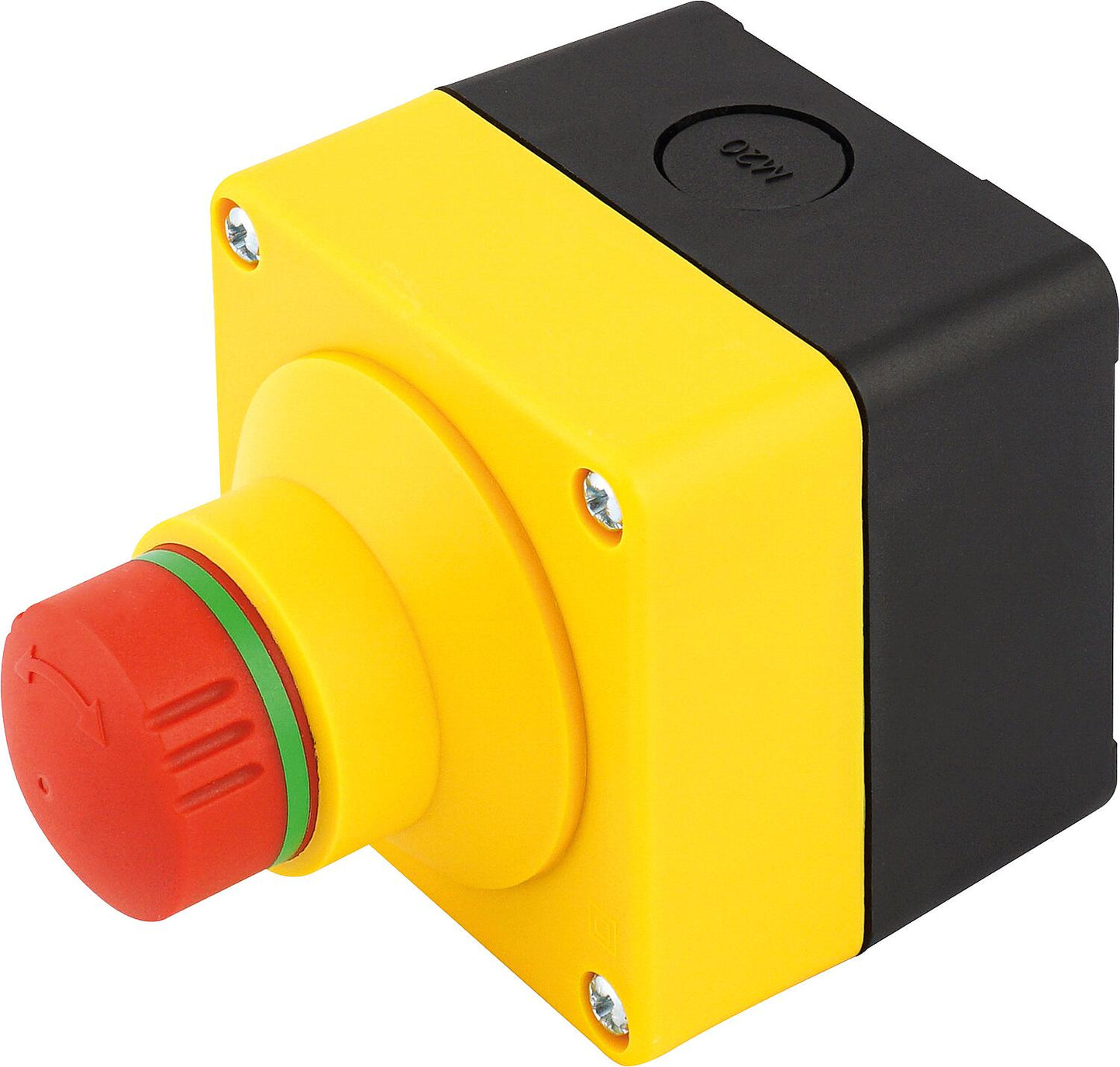 Emergency stop button, in insulated housing with contact element 1 normally open/2 normally closed.