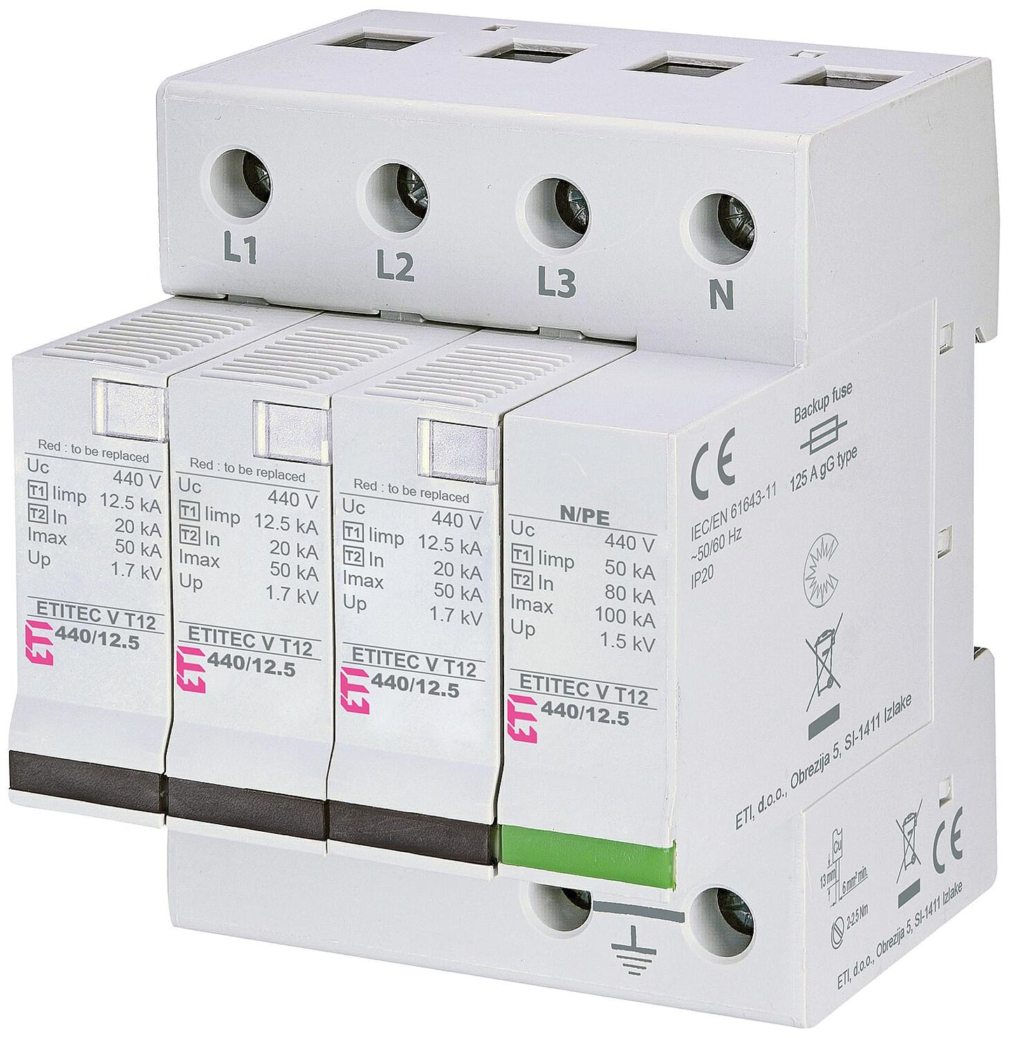 ETI surge arrester ETITEC V T12 280/12.5 3+0 RC, REG