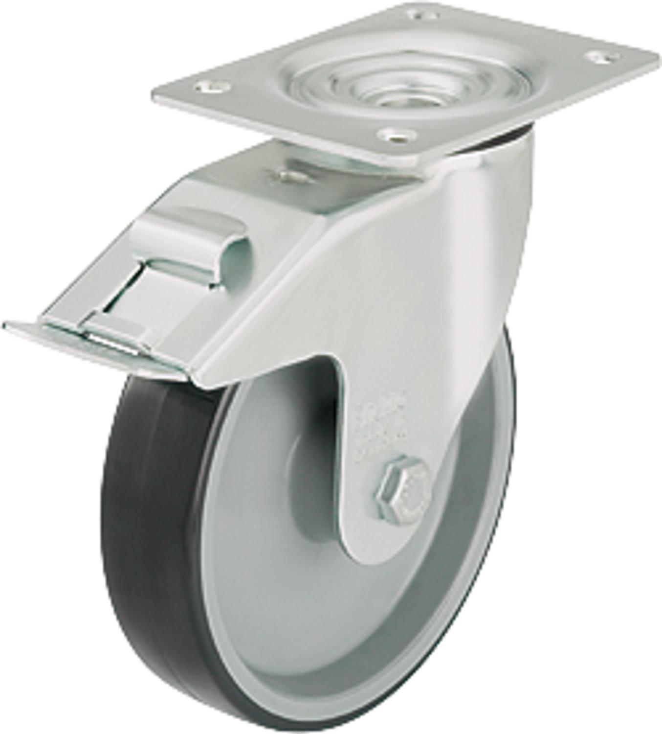 Polyurethane swivel caster with brake, plate size 100x85mm, wheel Ø 80mm, load capacity 150kg