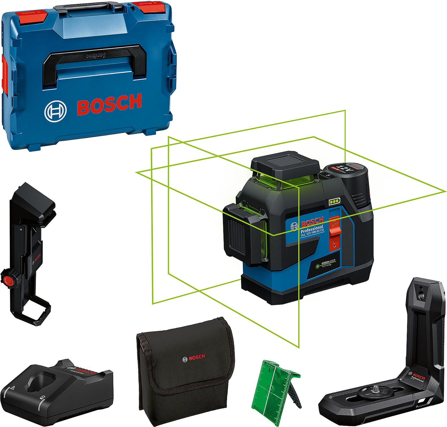 Bosch GLL 12V-100-33 CG 12V cordless cross line laser with 1x 2.0 Ah battery and charger