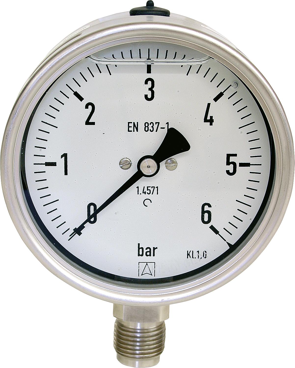 Glyzerin-Rohrfeder-Manometer, ø 100 mm, DN 15 (1/2") radial, in Chemie-Ausführung