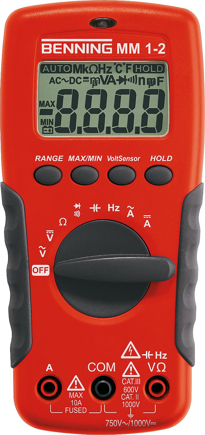 Benning MM 1-2 digital multimeter with contact voltage sensor, Ref. No. 044082, including case and test leads.