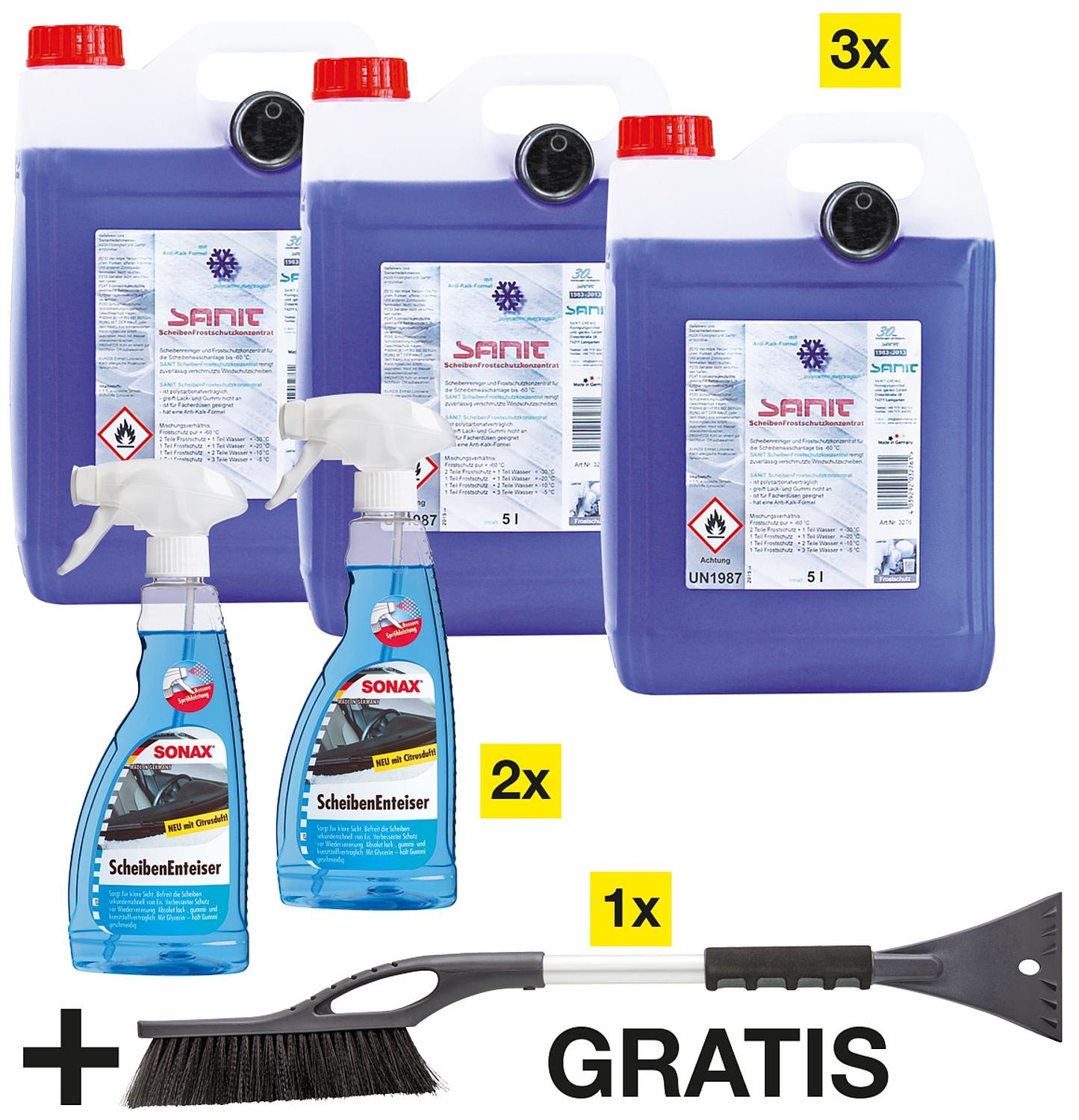 Winter Action Set: Windscreen antifreeze concentrate, windscreen de-icer & ice scraper