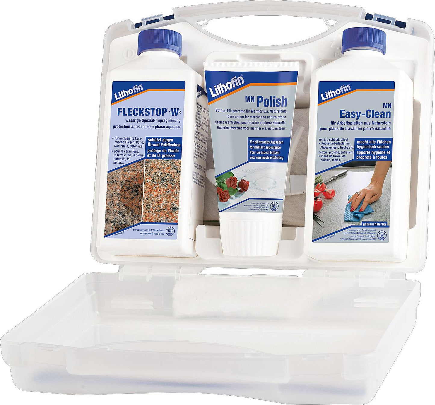 Kit d'entretien LITHOFIN pour plans de travail en pierre naturelle polie (3 pièces : Stain Stop >W<, MN Polish et MN Easy-Clean), 1 kit