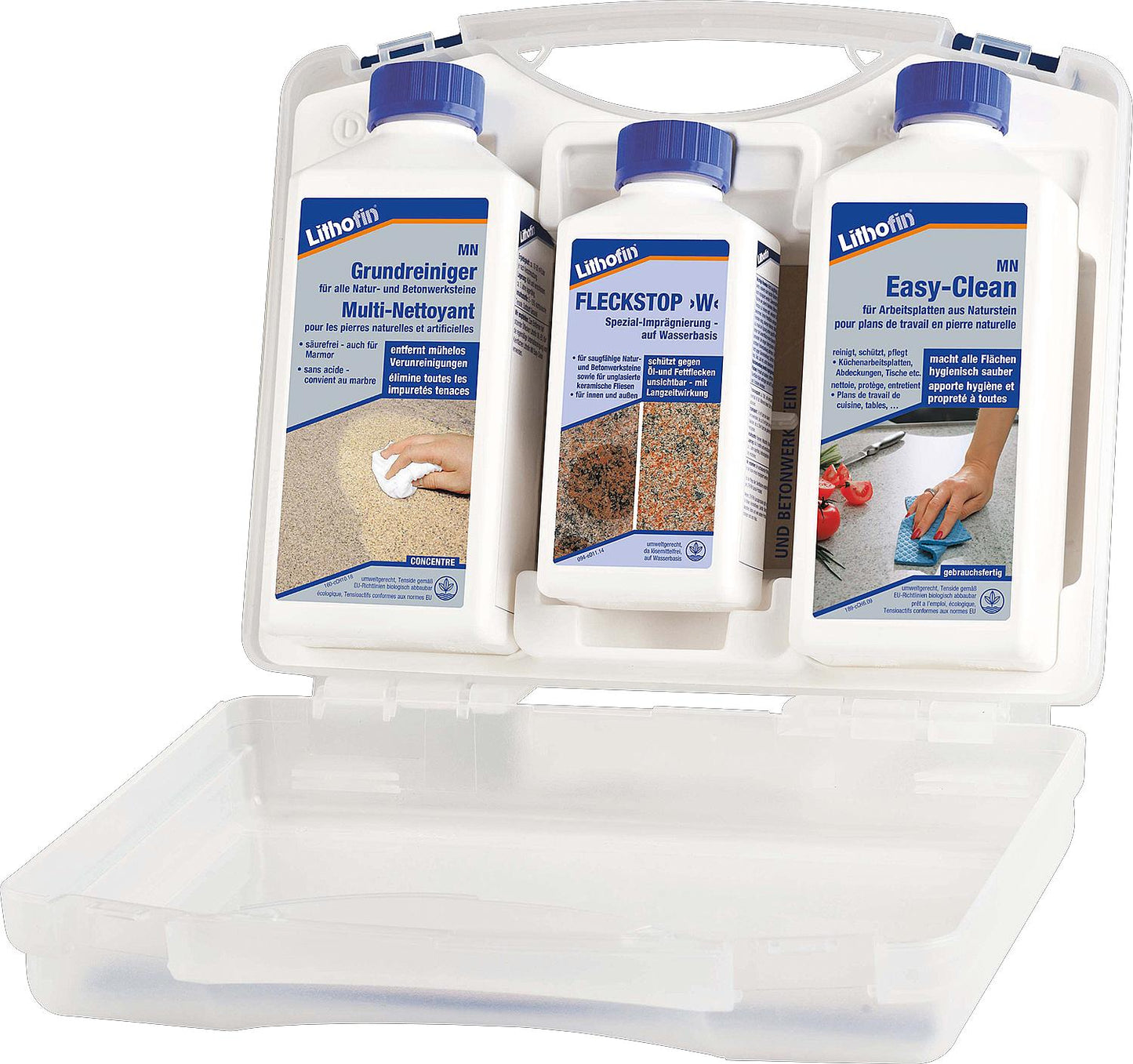 LITHOFIN Care Set 1 for all natural stone worktops (3-piece: MN Basic Cleaner, Stain Stop >W< & MN Easy-Clean), 1 set