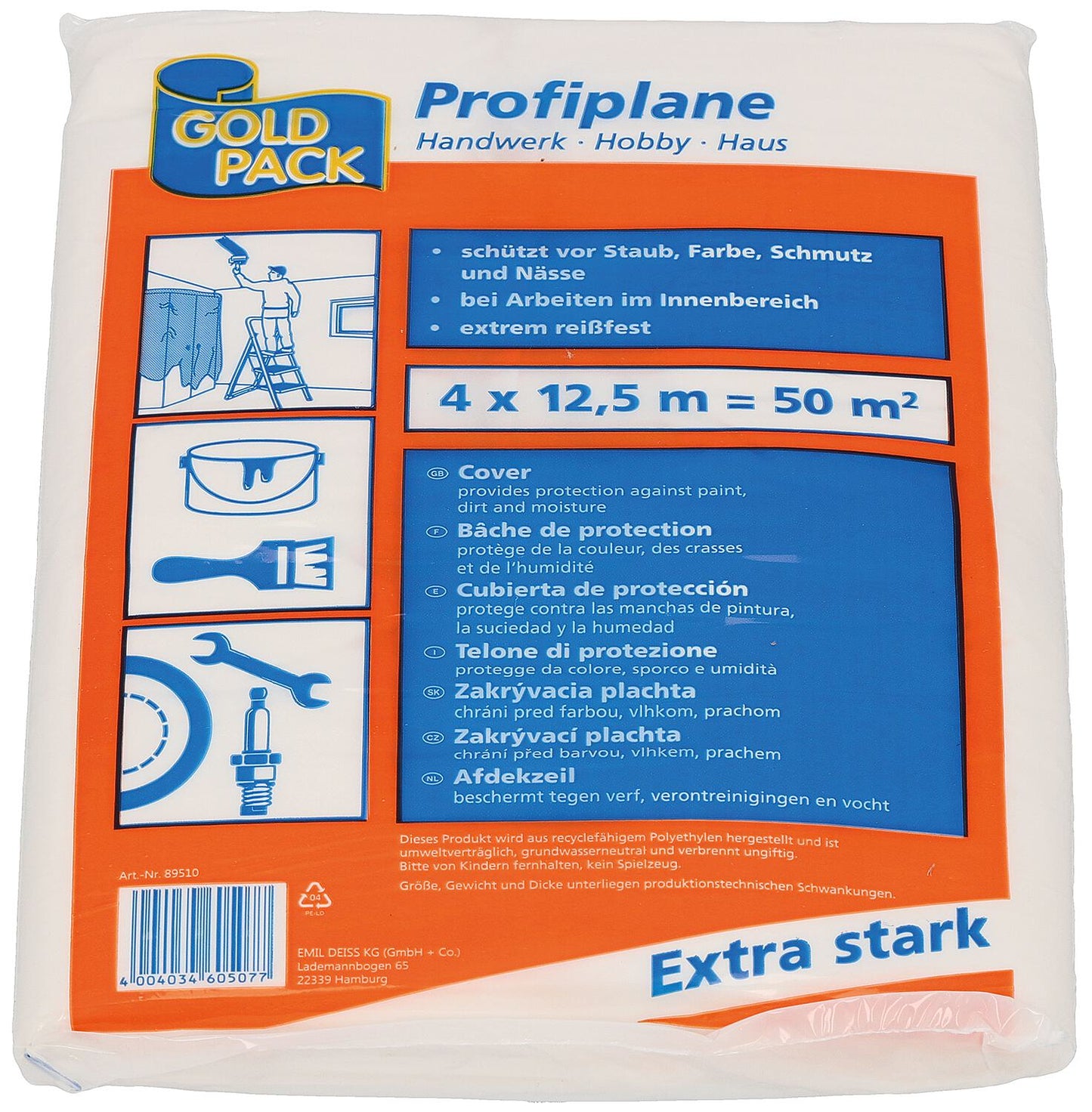 Bâche professionnelle en PEHD, 4 x 5 mètres, 20 m², conditionnée à l'unité.