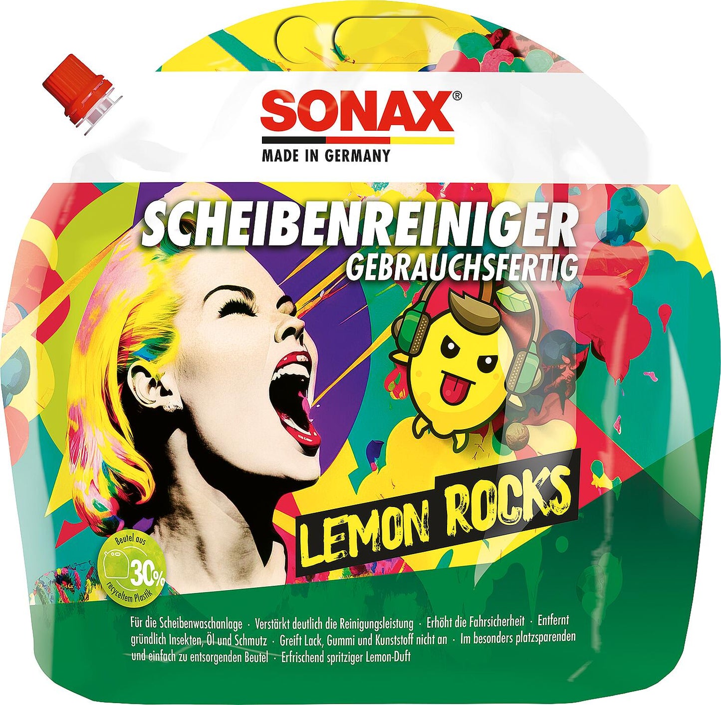 SONAX Lemon Rocks ready-to-use summer windshield washer fluid, 3L stand-up pouch