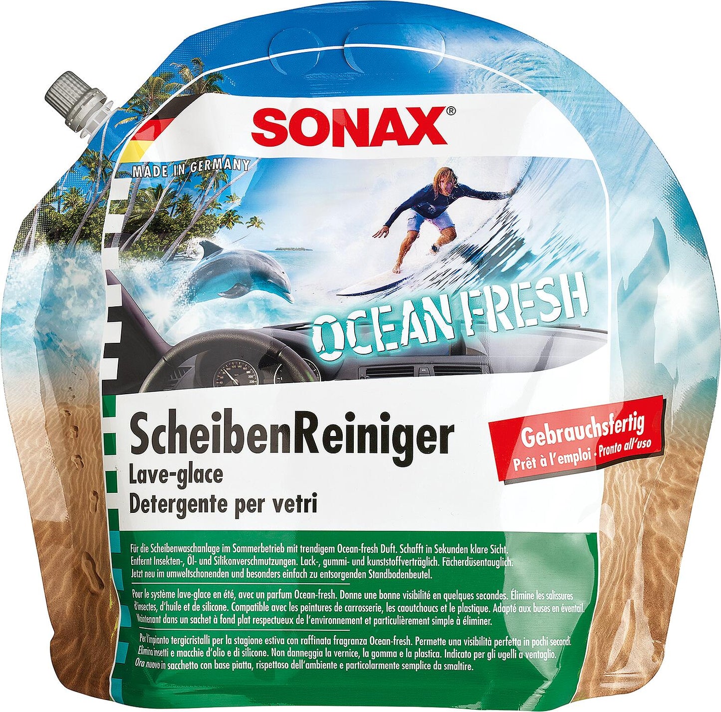 SONAX Ocean-fresh ready-to-use summer windshield washer fluid, 3L stand-up pouch