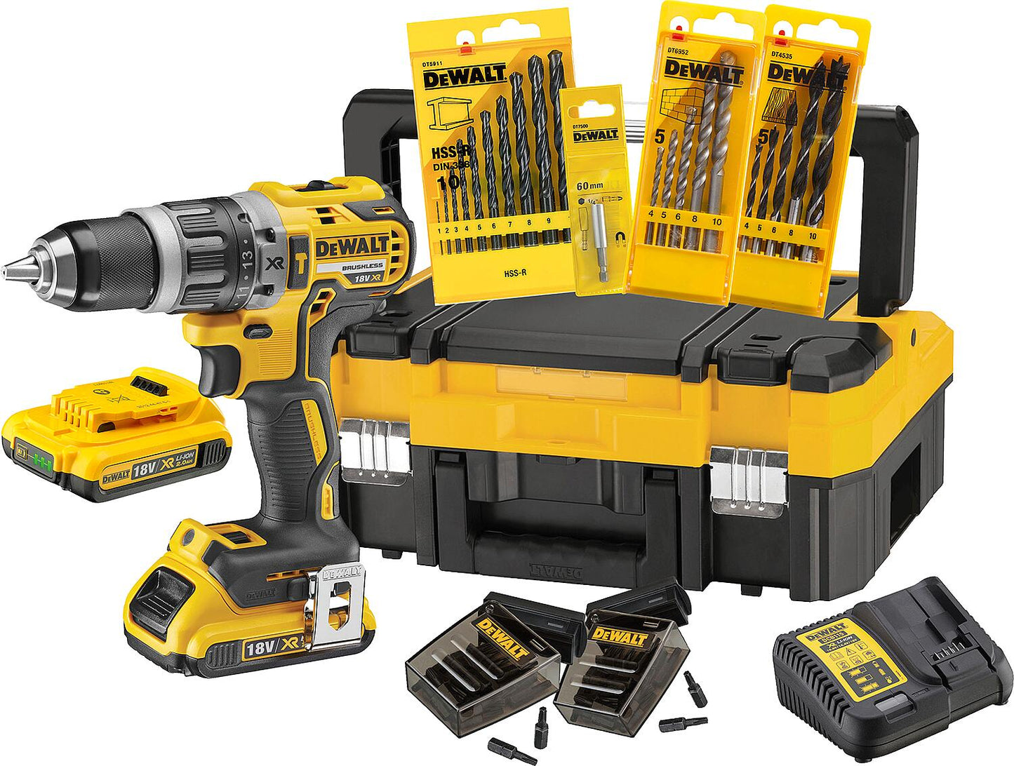 DeWALT DCK796D2T-QW 18V Cordless Impact Drill Driver Set consisting of DCK796D2T, 2 x 2.0 Ah batteries, 1 x charger and 1 x carrying case
