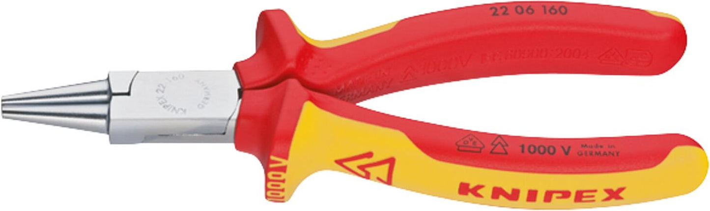 Chrome-plated round-nose pliers, DIN ISO 5745 VDE insulated, with two-tone multi-component handle grips, length 160 mm