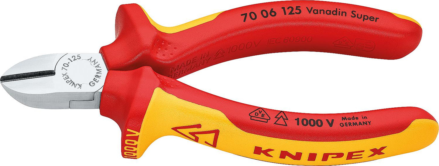 Seitenschneider verchromt isoliert VDE mit zweifarbigen Mehrkomponenten Griffhüllen Länge 125mm mit Facette