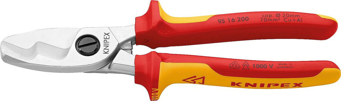 Cable shears with double cutting edge, chrome-plated, insulated, two-tone multi-component handle grips, length 200mm, VDE compliant