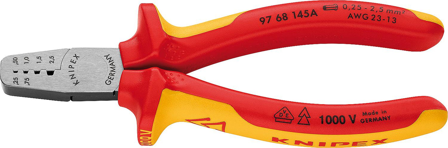 Knipex VDE insulated crimping pliers, length: 145mm, 0.25 - 2.5mm²