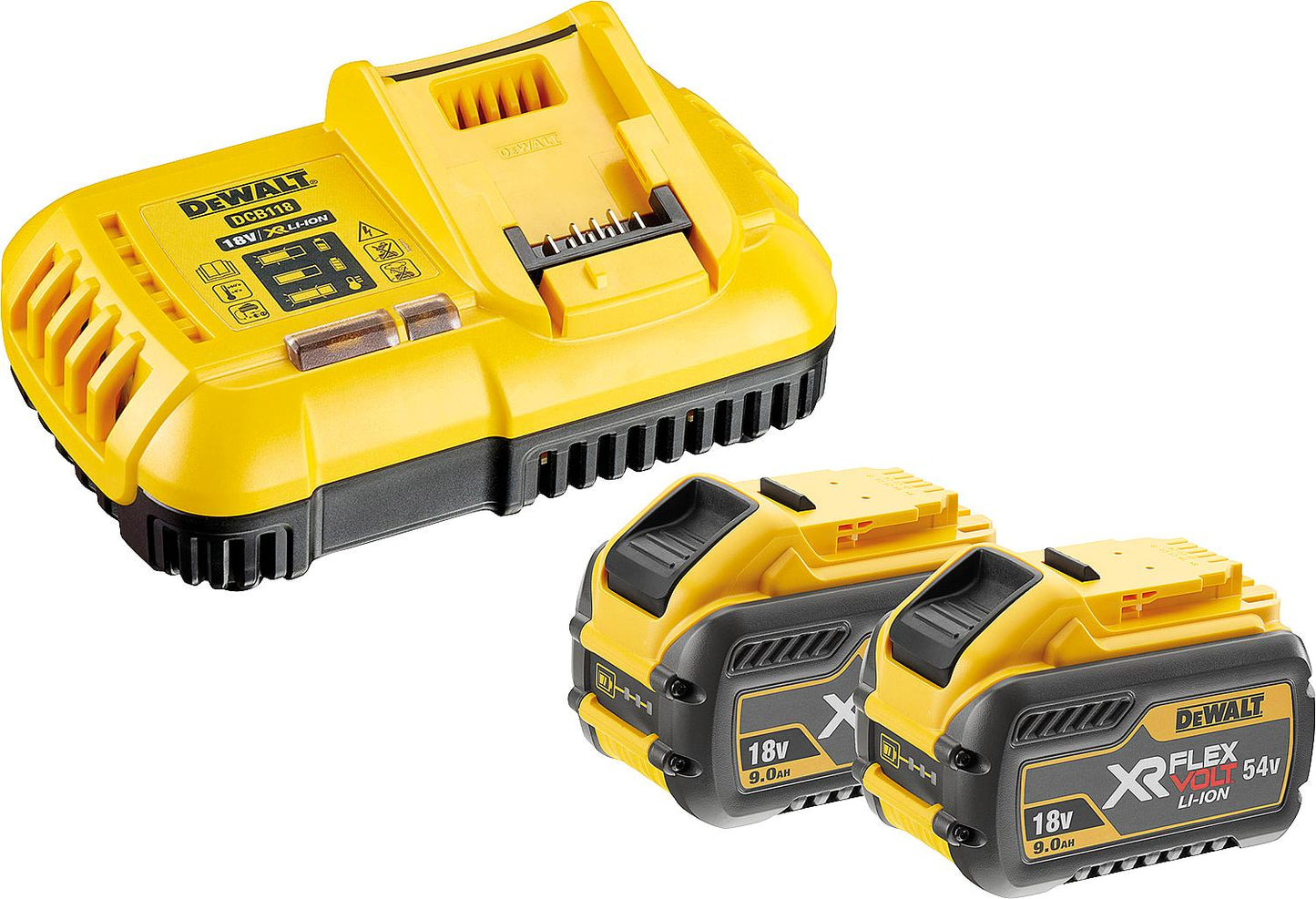 Akkus und Ladegerät DeWalt DCB118X2, 2 Akkus 54V mit 9,0 Ah und Ladegerät