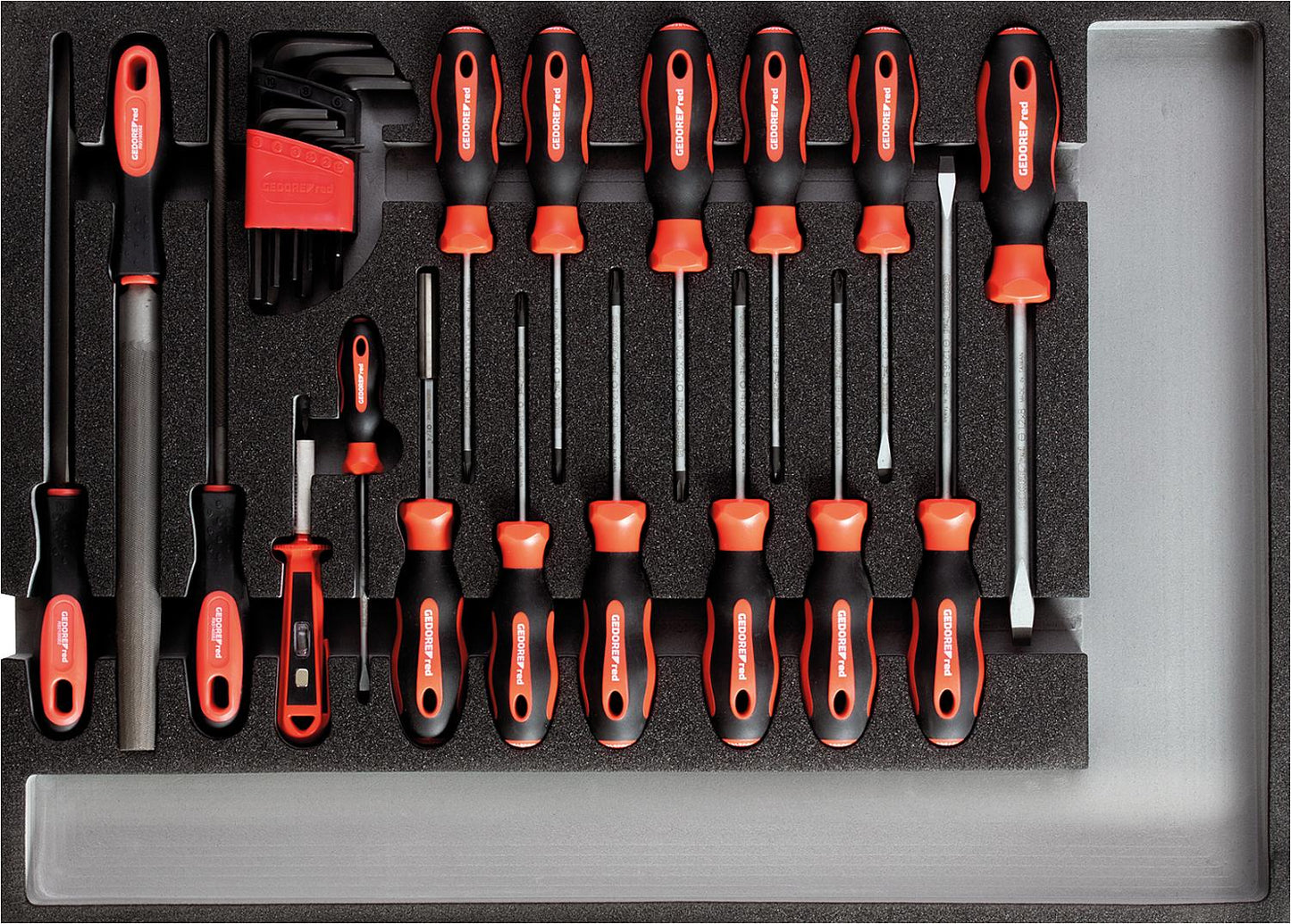 GEDORE red tool set: screwdrivers and files, cuttable from 570x410mm to 482x345mm