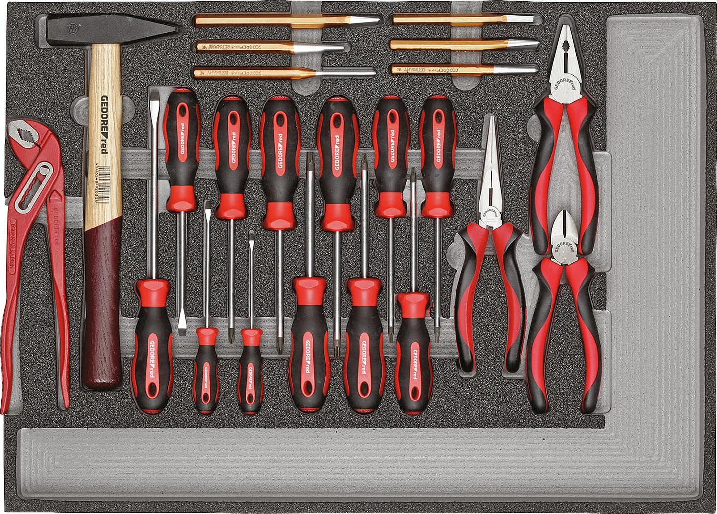 GEDORE red tool set: screwdriver, pliers, hammer, chisel, cuttable from 570x410mm to 482x345mm