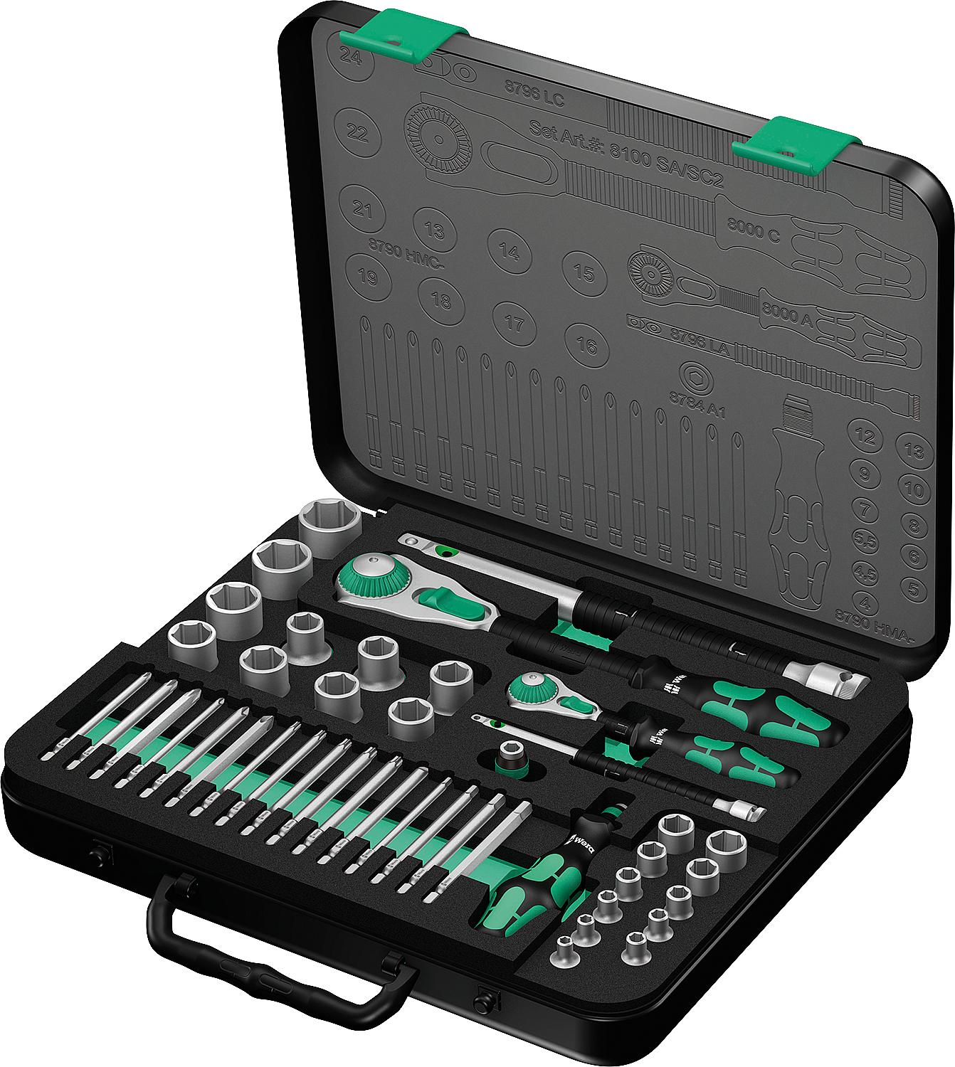 WERA 43-piece ratchet set, 1/4" and 1/2" in a metal case