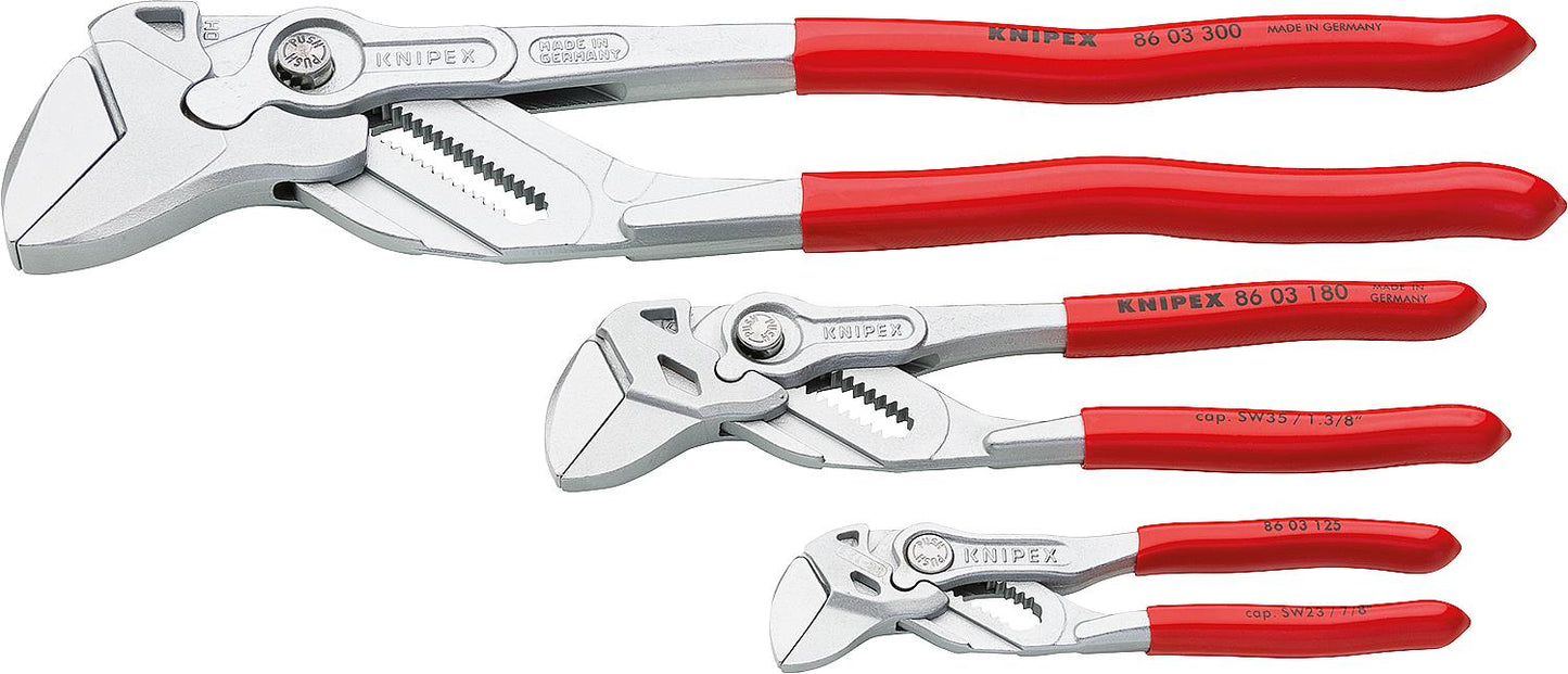 Jeu de 3 pinces et clés KNIPEX comprenant une clé de 125 mm, une de 180 mm et une de 300 mm.