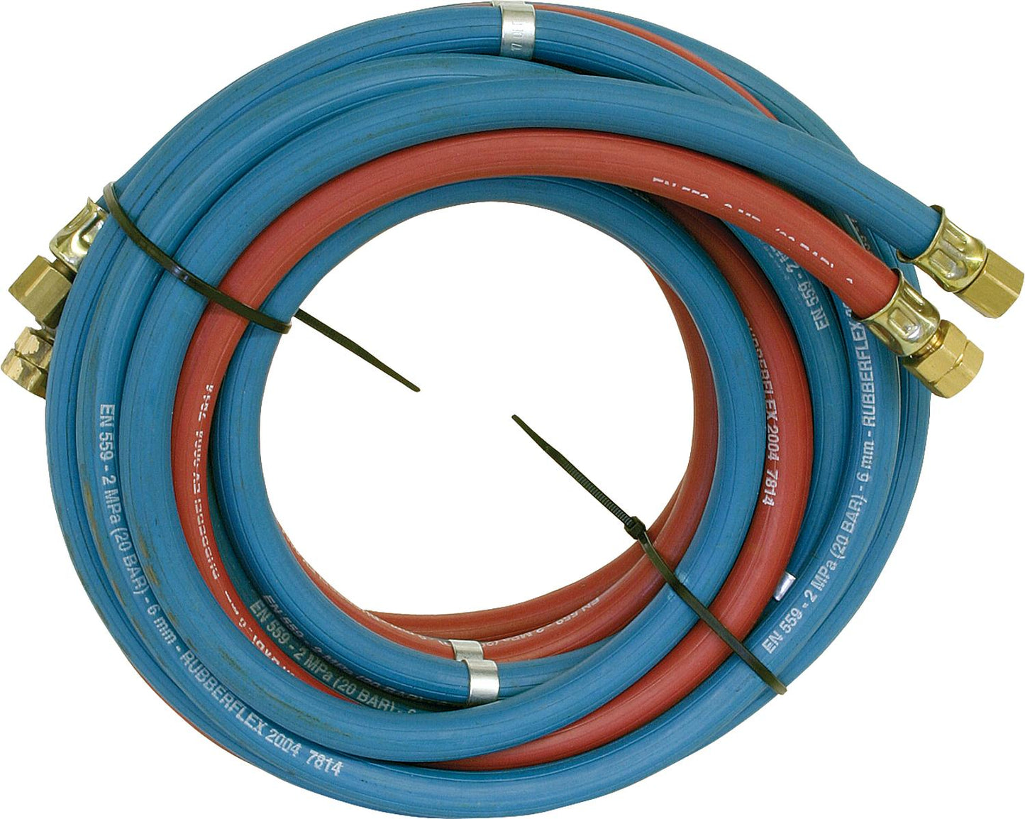 Acetylene and oxygen, pre-assembled. 9x3.5mm(A), 6x5.0mm(S), 5 mtr. nozzle and union nut 1/4" right 3/8" left.