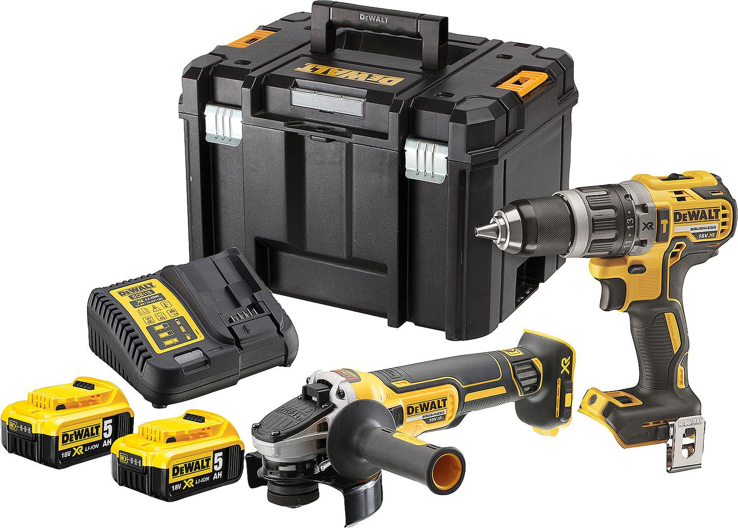 DeWALT DCK2080P2T-QW 2-piece battery set including impact drill/driver, angle grinder, 2 x 5.0 Ah batteries and charger