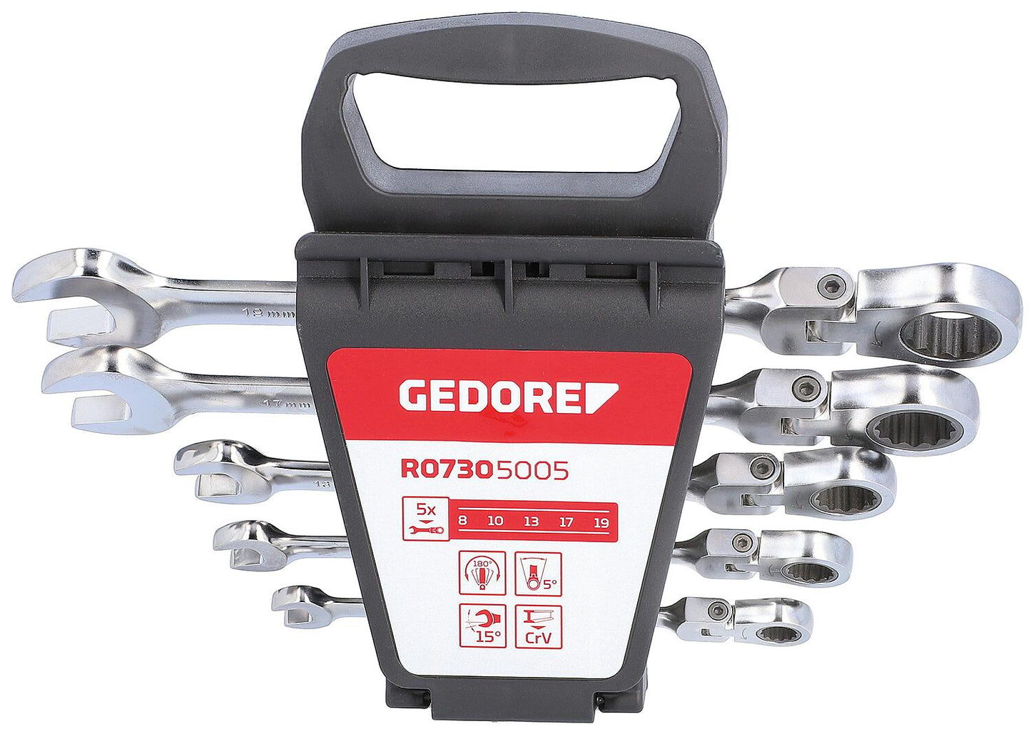 Jeu de 5 clés à cliquet annulaires GEDORE rouges avec joint, 8-19 mm, non réversibles