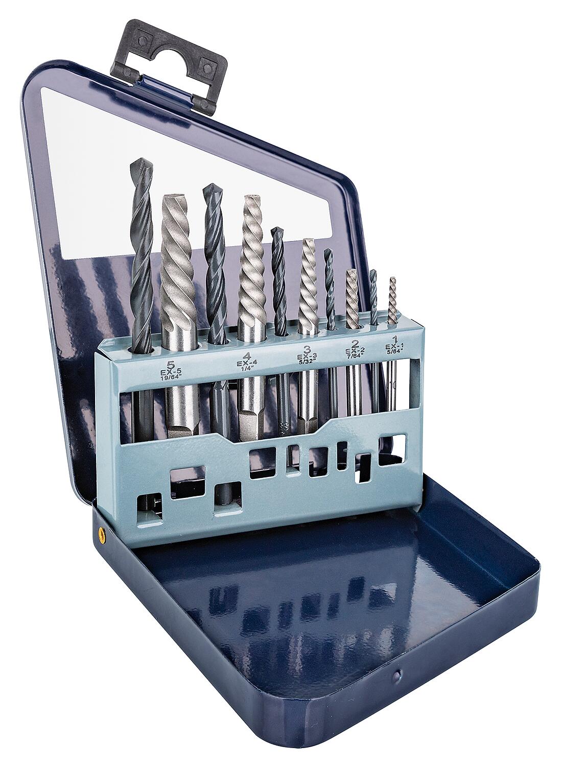 Coffret extracteur de vis avec forets hélicoïdaux assortis, M3 - M18, dans un coffret en tôle d'acier