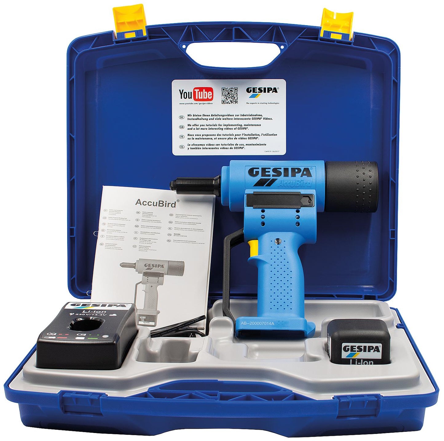GESIPA AccuBird cordless blind rivet gun, 14.4 volts, with a 2.0 Ah battery and charger