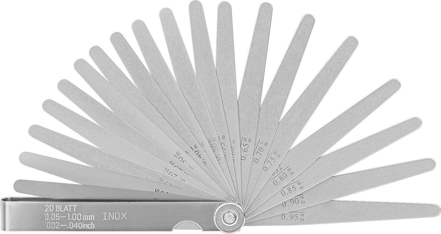 Feeler gauge, measuring range 0.05-1mm, stainless steel, 20 blades
