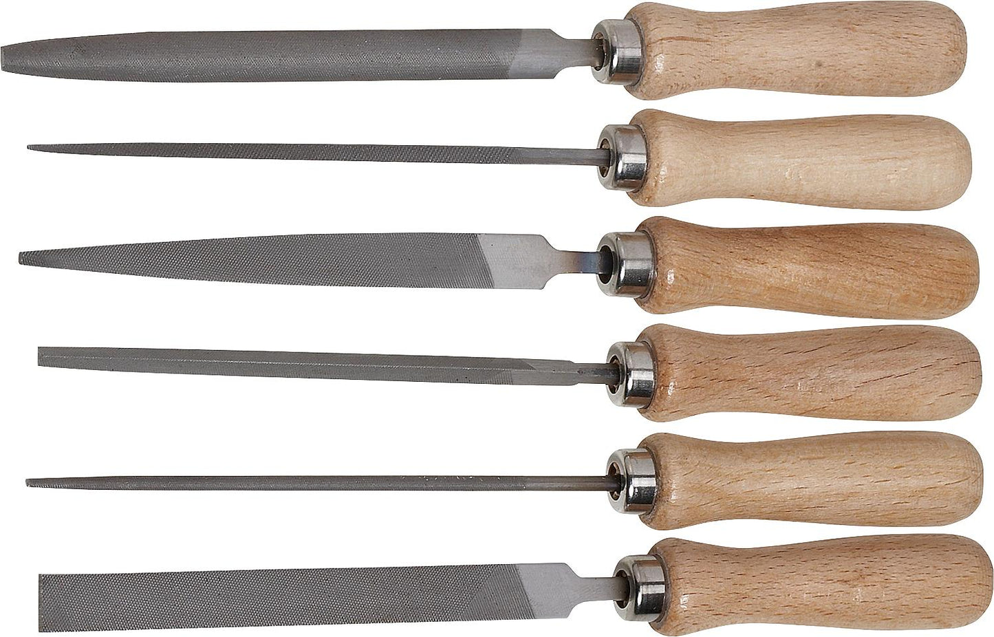 Jeu de 6 limes à métaux, longueur de coupe : 100 mm, tranchant : 2, avec manche en bois et étui en plastique