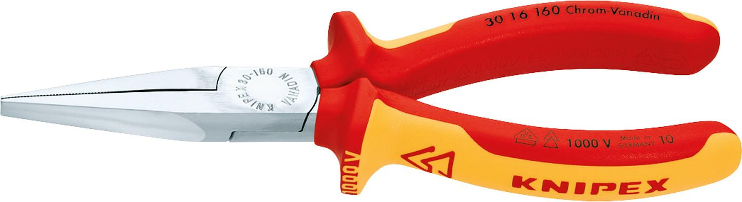 KNIPEX serrated long-nose pliers, 160 mm long, chrome-plated, VDE tested